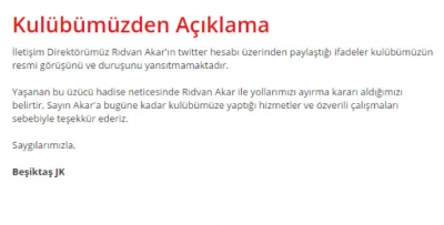 Beşiktaş Rıdvan Akar'ı kovdu
